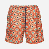 Ανδρικό μαγιό | σε πορτοκαλί βάση με λεπτομέρειες σε μπλέ τόνους και ρετρό επαναλαμβανόμενο σχεδιασμό