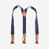 Ανδρικές τιράντες σε μπλέ βάση με ταμπά δερμάτινη λεπτομέρεια και λευκό μικρό σχέδιο