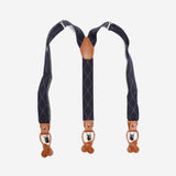 Ανδρικές τιράντες σε μπλέ βάση με ταμπά δερμάτινη λεπτομέρεια και λευκό καρό σχέδιο