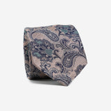 Γραβάτα μεταξωτή φαρδιά σε ροζ βάση με μπλε λεπτομέρεια και λαχούρι σχέδιο, σετ με μαντηλάκι