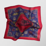 Μαντήλι για το πέτο | μάλλινο σε μπλέ / κόκκινη απόχρωση με ρετρό απεικόνιση κτιρίων