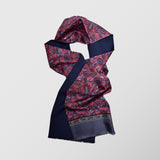 Μεταξωτό φουλάρι | με λαχούρι σχεδιασμό σε μπλέ / κόκκινους τόνους και γκρί μπορντούρα