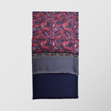 Μεταξωτό φουλάρι | με λαχούρι σχεδιασμό σε μπλέ / κόκκινους τόνους και γκρί μπορντούρα