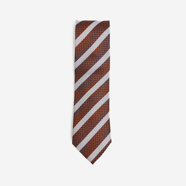 Μεταξωτή γραβάτα σε χάλκινη και μπλε βάση με λευκό ριγέ σχέδιο 7,5εκ