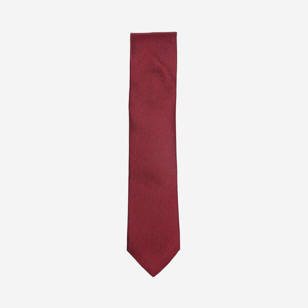 Γραβάτα μεταξωτή στενή με κόκκινη βάση και μικρό σχέδιο στην ύφανση, σετ με μαντηλάκι