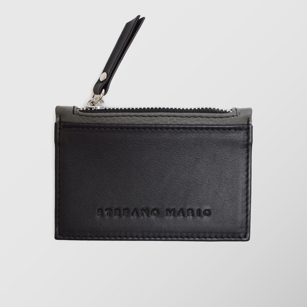 Πορτοφόλι | card holder δερμάτινο δίχρωμο σε μαύρη βάση με γκρί λεπτομέρεια