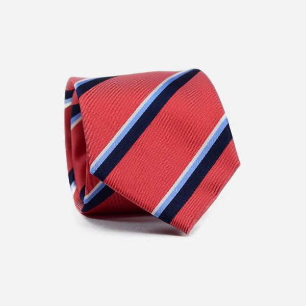 Φαρδιά γραβάτα | μεταξωτή σε κοραλί / κόκκινη βάση με διαγώνιο ριγέ σχέδιο