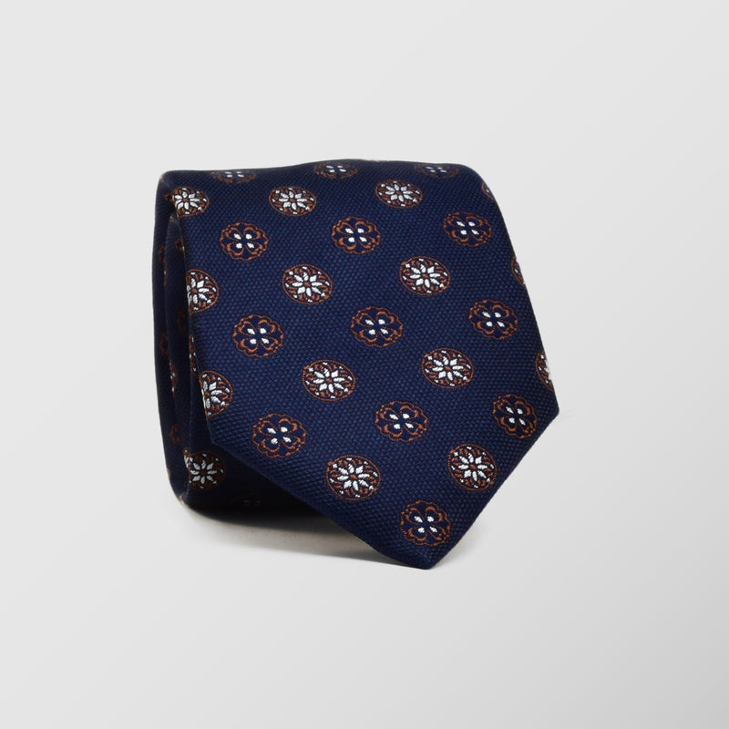 Φαρδιά γραβάτα |  σε μπλε βάση με καφέ ρετρό σχεδιασμό, σετ με μαντηλάκι