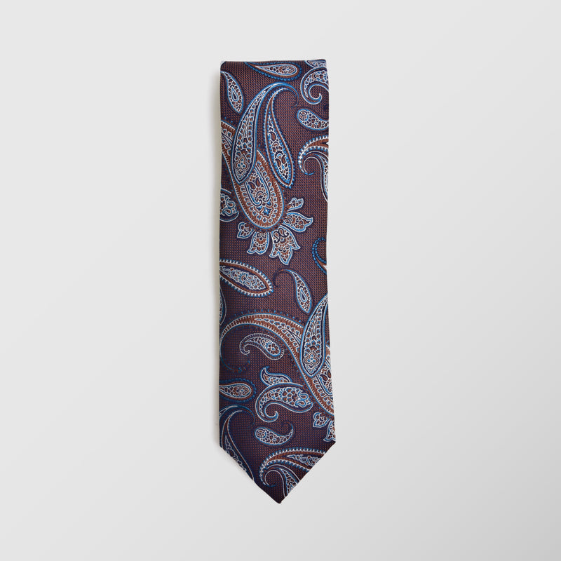 Φαρδιά γραβάτα | 100% μεταξωτή σε μπλέ / γήινες αποχρώσεις με λαχούρι σχεδιασμό, σετ με μαντηλάκι