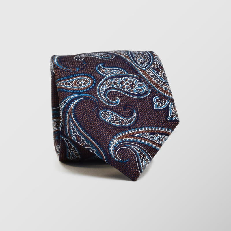 Φαρδιά γραβάτα | 100% μεταξωτή σε μπλέ / γήινες αποχρώσεις με λαχούρι σχεδιασμό, σετ με μαντηλάκι