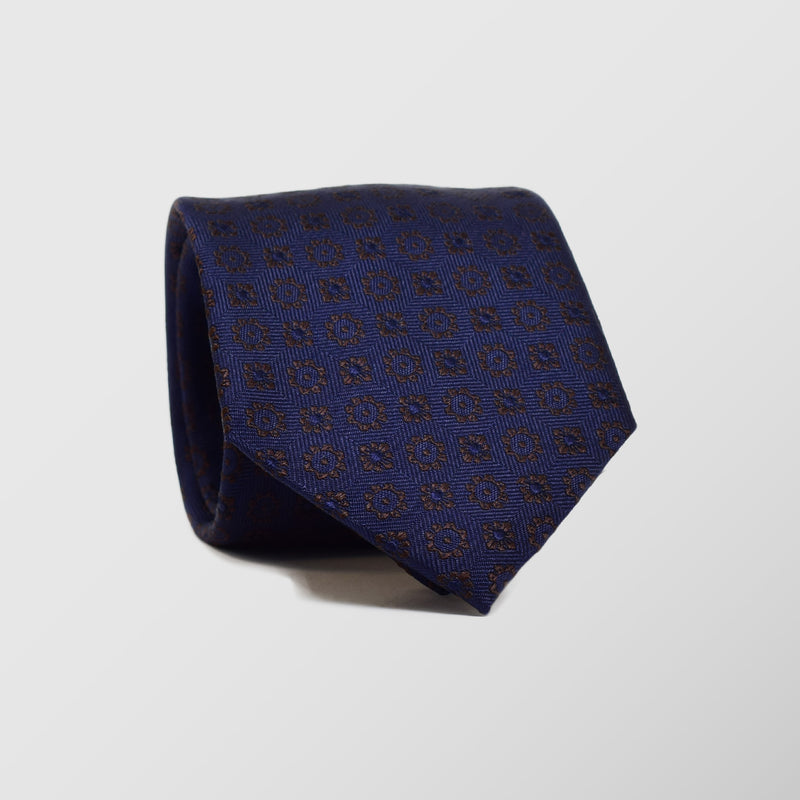 Φαρδιά γραβάτα | μεταξωτή σε μπλε βάση μικρό ρετρό σχεδιασμό σε ταμπά απόχρωση σετ με μαντηλάκι