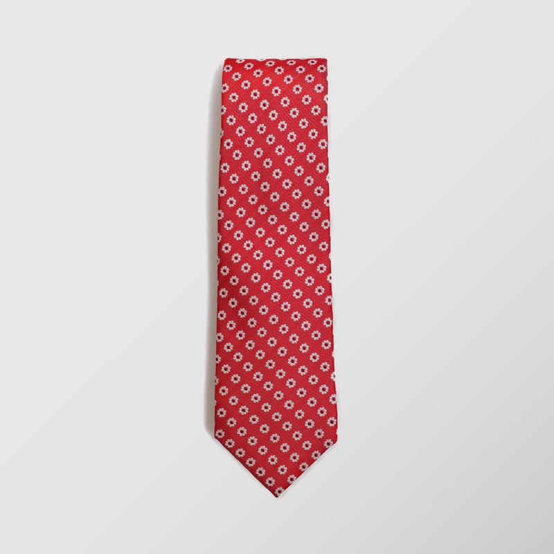 Φαρδιά γραβάτα | μεταξωτή σε κόκκινη βάση με μικρό φλοράλ σχέδιο σετ με μαντηλάκι