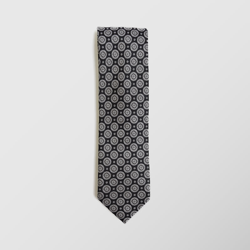 Φαρδιά γραβάτα | 100% μετάξι σε γκριζόμαυρες αποχρώσεις με γεωμετρικό ρετρό σχεδιασμό