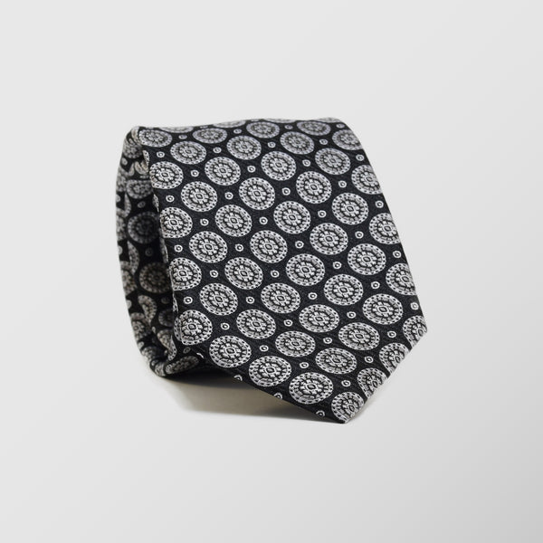 Φαρδιά γραβάτα | 100% μετάξι σε γκριζόμαυρες αποχρώσεις με γεωμετρικό ρετρό σχεδιασμό