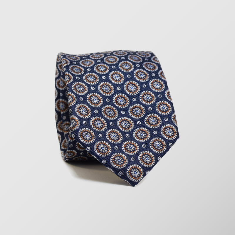 Φαρδιά γραβάτα | 100% μετάξι σε μπλέ βάση με ρετρό σχεδιασμό και χάλκινη λεπτομέρεια