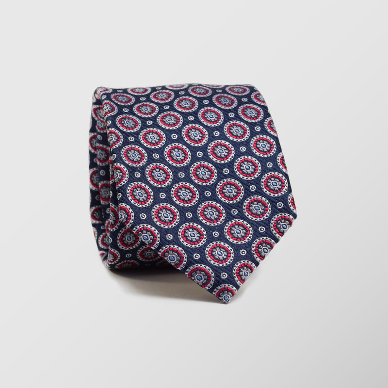 Φαρδιά γραβάτα | 100% μετάξι σε μπλέ βάση με ρετρό σχεδιασμό και κόκκινη λεπτομέρεια