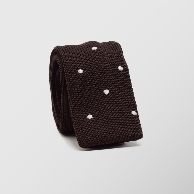 Πλεκτή Γραβάτα | σε καφέ απόχρωση με λευκό πουά σχεδιασμό