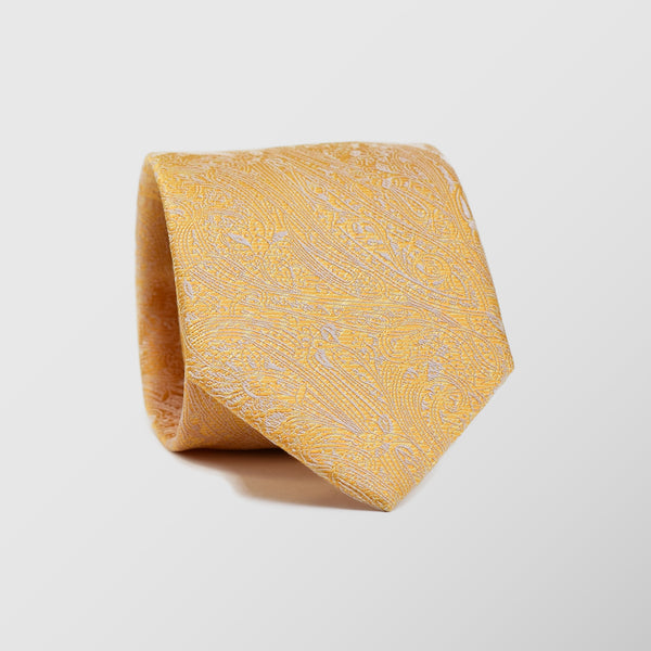 Φαρδιά γραβάτα | σε κίτρινη χρυσή βάση με λαχούρι σχεδιασμό τόνο στο τόνο σετ με μαντηλάκι