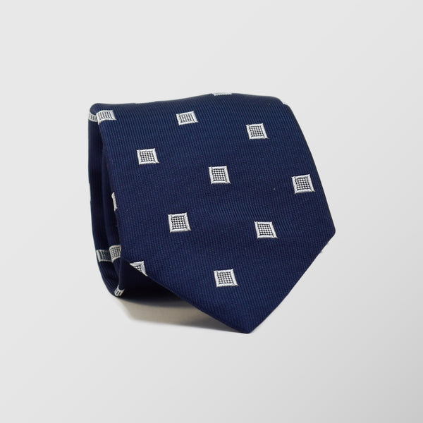 Φαρδιά γραβάτα | σε μπλε βάση με γεωμετρικό  ρετρό λευκό σχέδιο σετ με μαντηλάκι