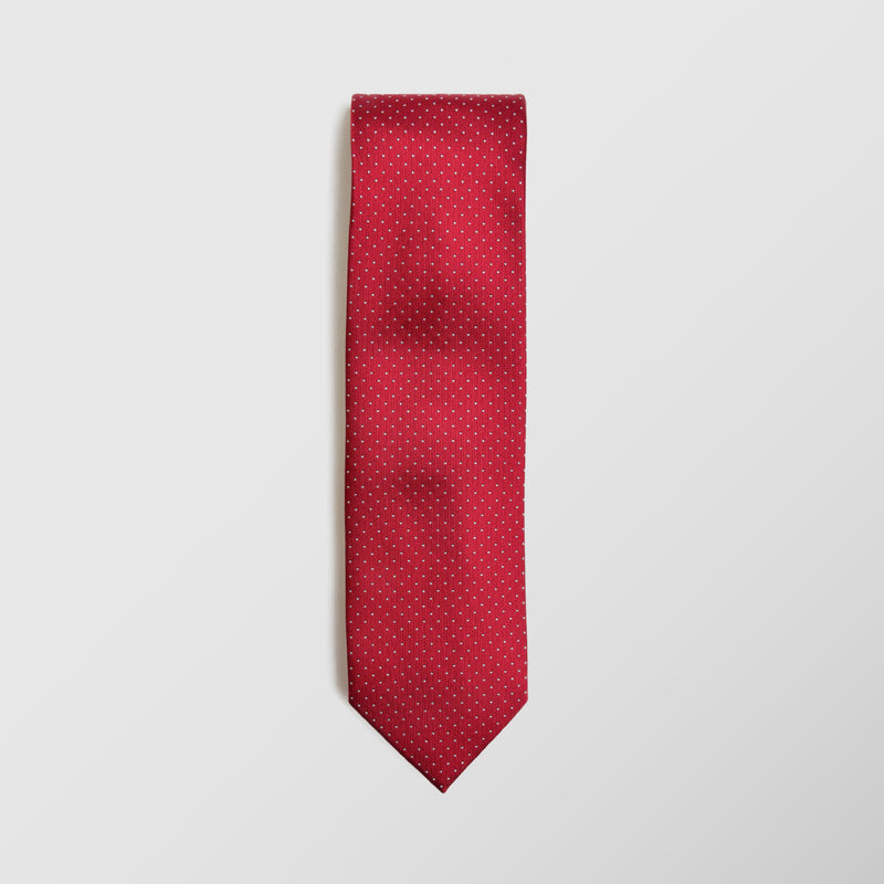 Φαρδιά γραβάτα | 100% μετάξι σε σκούρα κόκκινη βάση με μικρό λευκό πουά σχεδιασμό