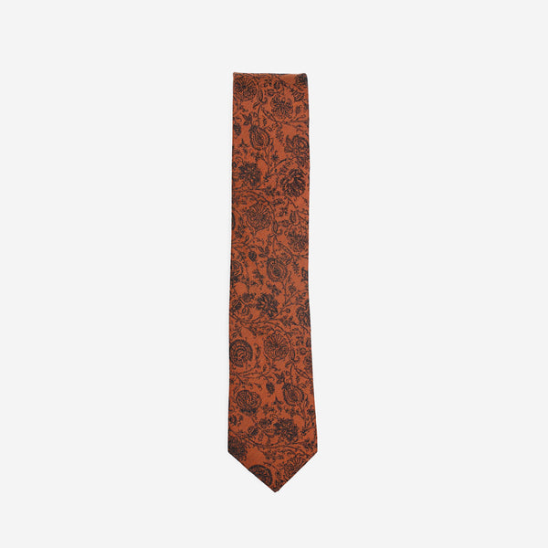 Γραβάτα μεταξωτή στενή σε χάλκινη απόχρωση με φλοράλ σχέδιο, σέτ με μαντηλάκι