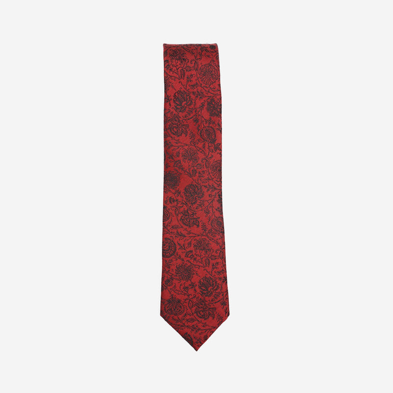 Γραβάτα μεταξωτή στενή σε κόκκινη απόχρωση με φλοράλ σχέδιο, σέτ με μαντηλάκι
