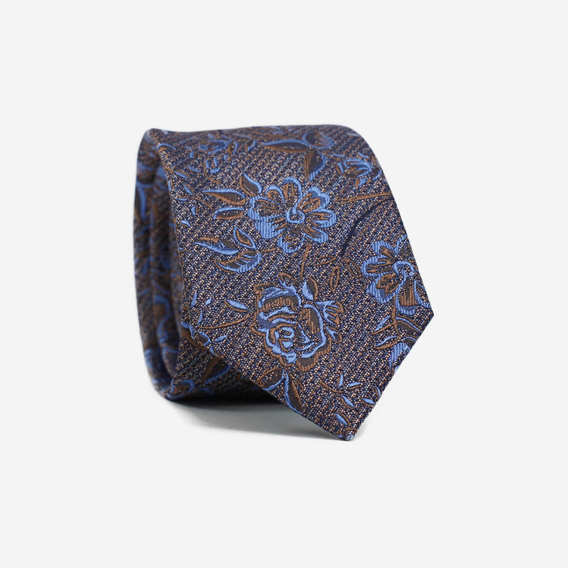 Γραβάτα μεταξωτή στενή σε γήινους τόνους με φλοράλ σχέδιο, σέτ με μαντηλάκι
