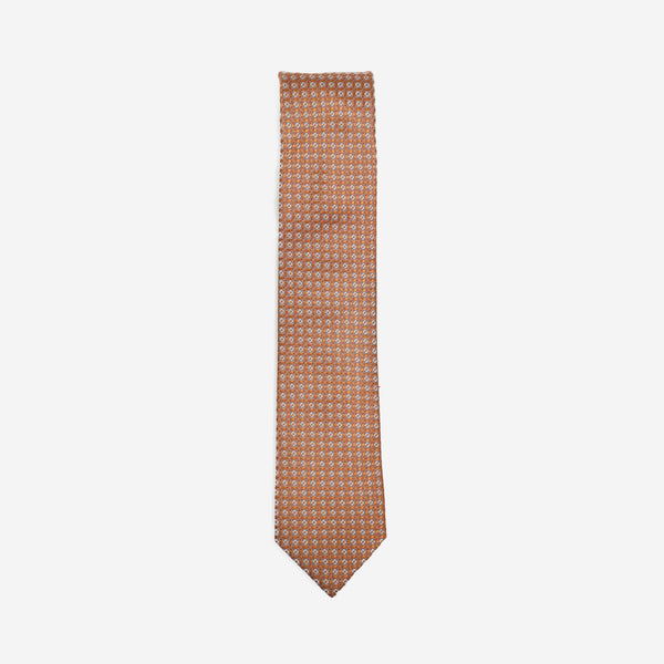 Γραβάτα μεταξωτή στενή σε γήινες-χάλκινες αποχρώσεις με μικρό σχέδιο, σέτ με μαντηλάκι