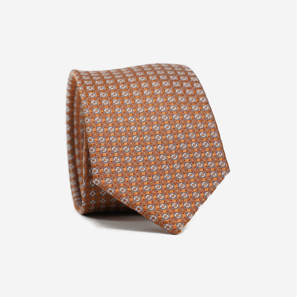Γραβάτα μεταξωτή στενή σε γήινες-χάλκινες αποχρώσεις με μικρό σχέδιο, σέτ με μαντηλάκι