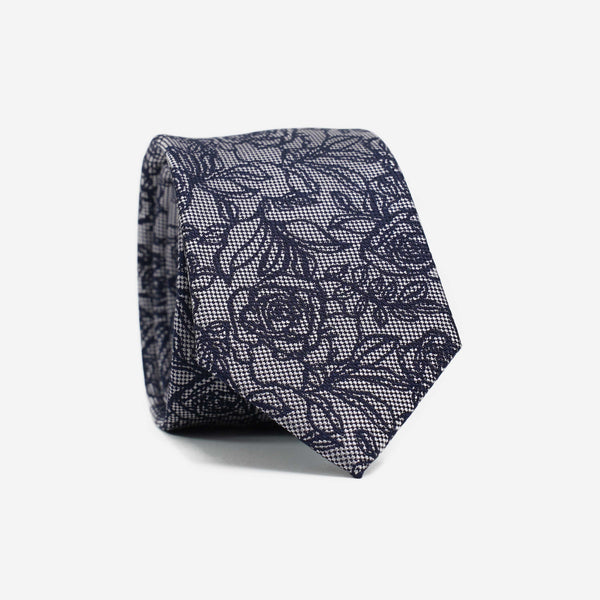 Γραβάτα μεταξωτή στενή σε γκρι / μπλέ αποχρώσεις με φλοράλ σχέδιο, σέτ με μαντηλάκι